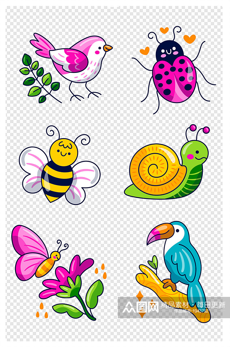 昆虫鸟蝴蝶蜜蜂蜗牛春夏动物可爱卡通贴纸素材