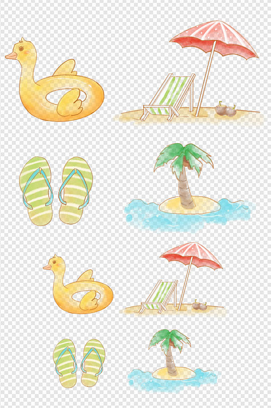 卡通手绘水彩夏天元素游泳圈阳伞椰树海滩