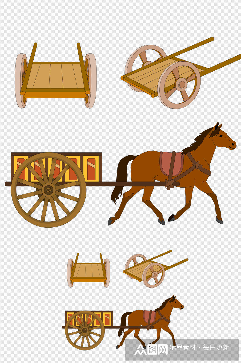马车木板车卡通古代马车板车马素材
