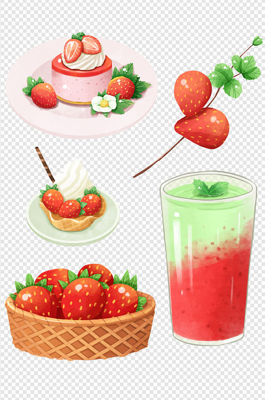 手绘草莓甜品下午茶冰淇淋水果汁饮料 元素