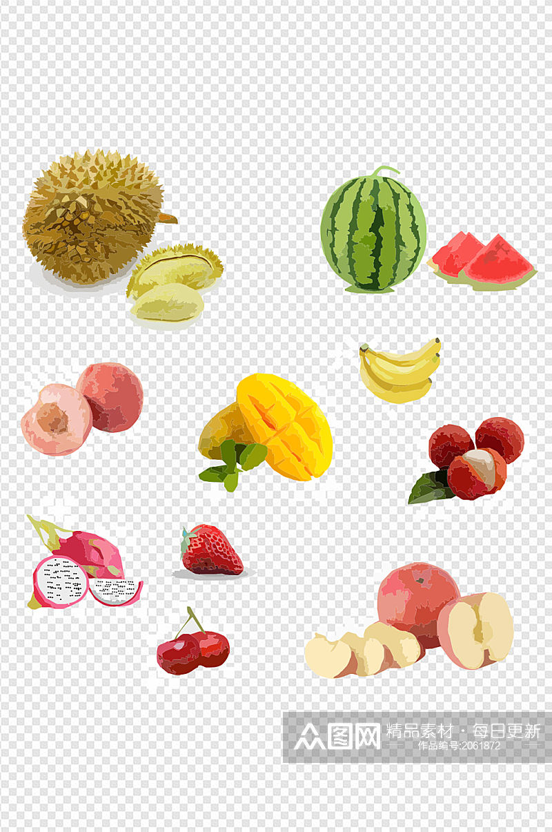 手绘西瓜水果香蕉草莓苹果健康水果图标图素材
