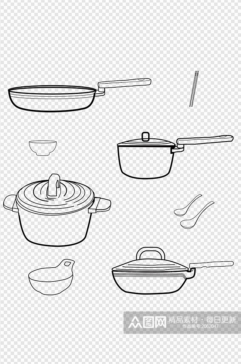 平底锅汤锅厨房用品厨具组合标图手绘图素材