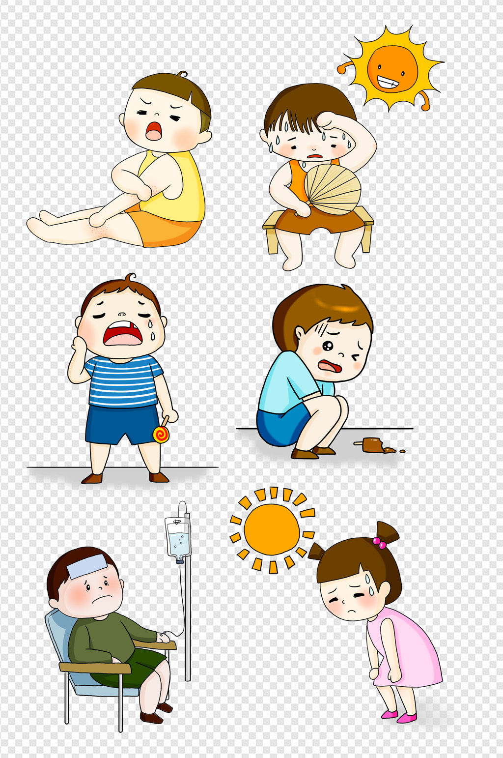 手绘卡通夏日儿童疾病免扣元素