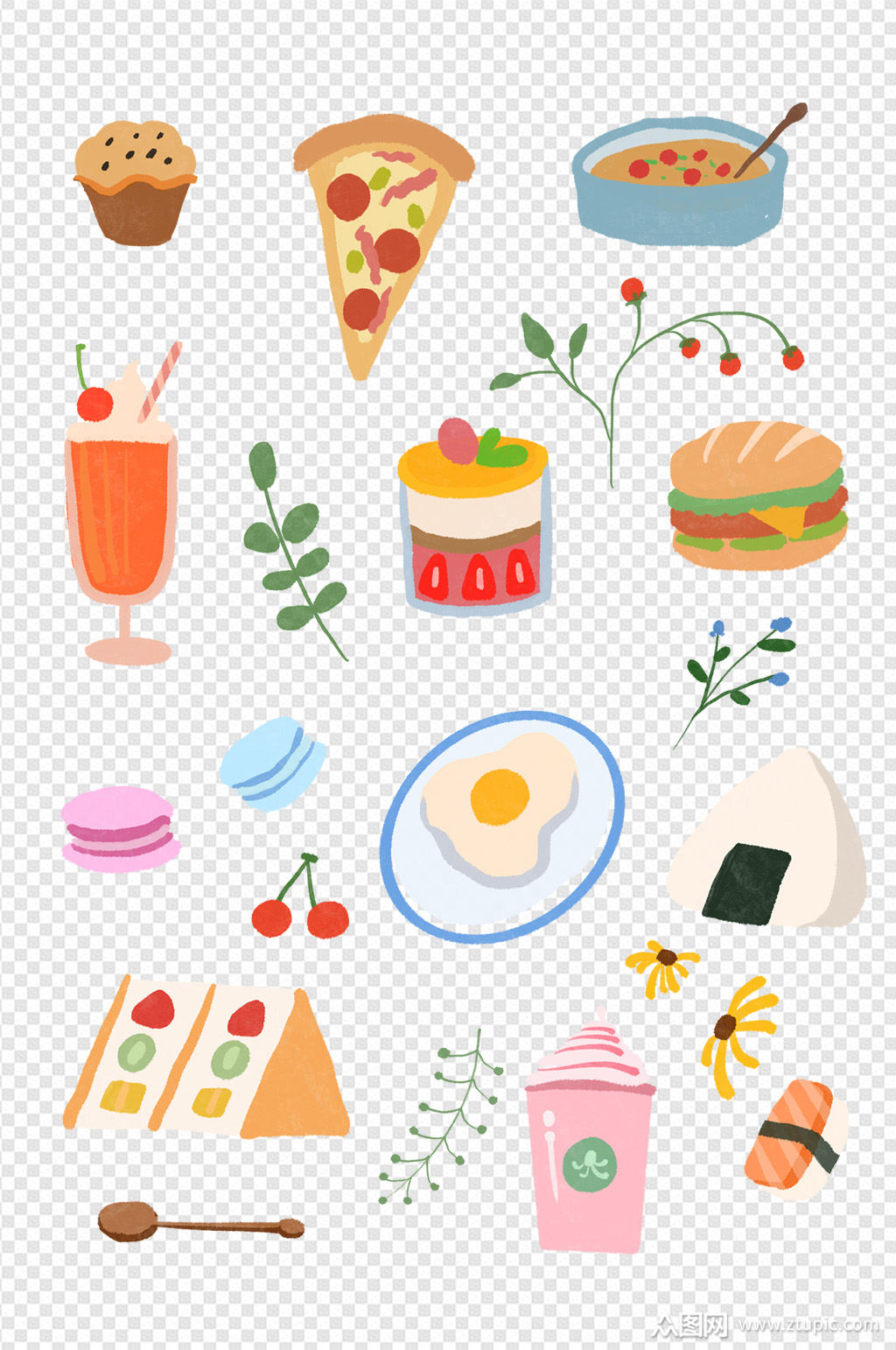 一组食物的贴纸插画素材