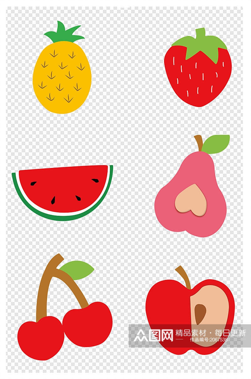 卡通手绘水果菠萝草莓西瓜梨樱桃车厘子苹果素材