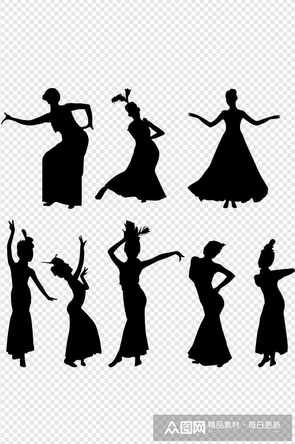 女孩跳舞舞蹈古典舞民族舞免扣元素黑白剪影素材