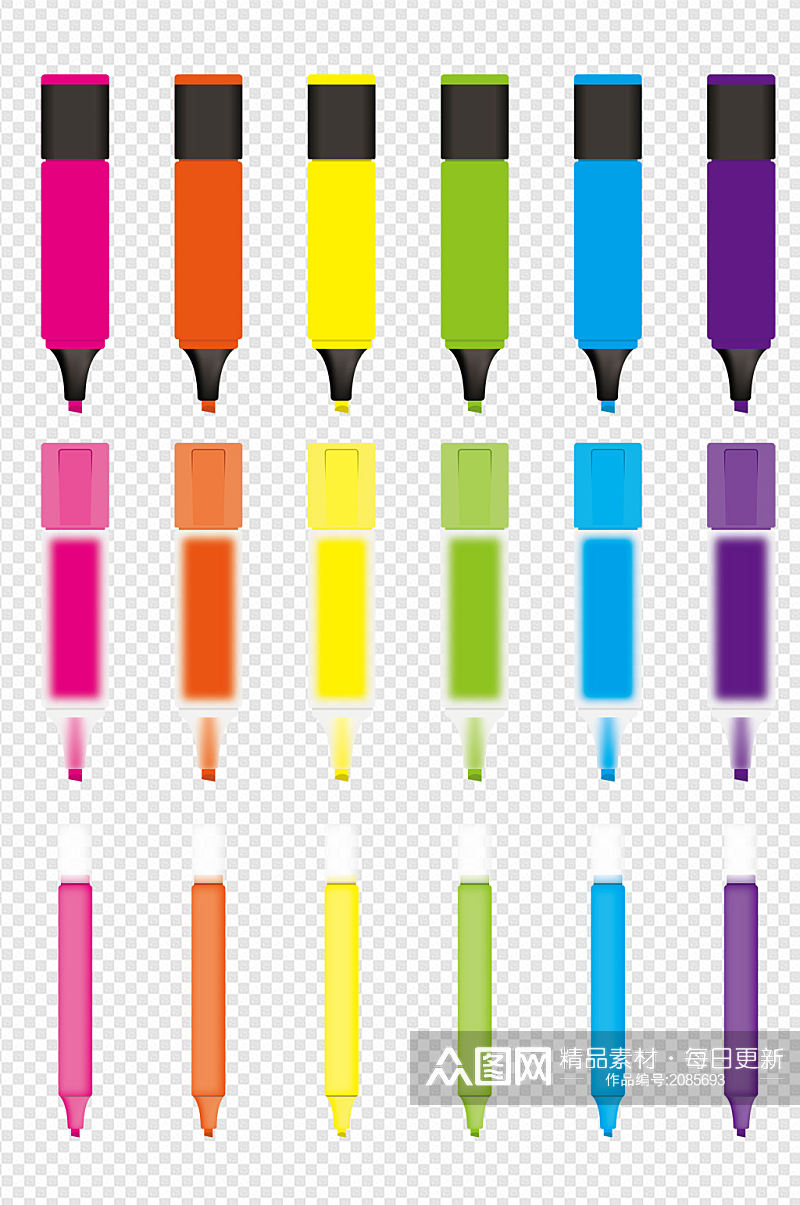 荧光6色系列笔设计元素套图素材