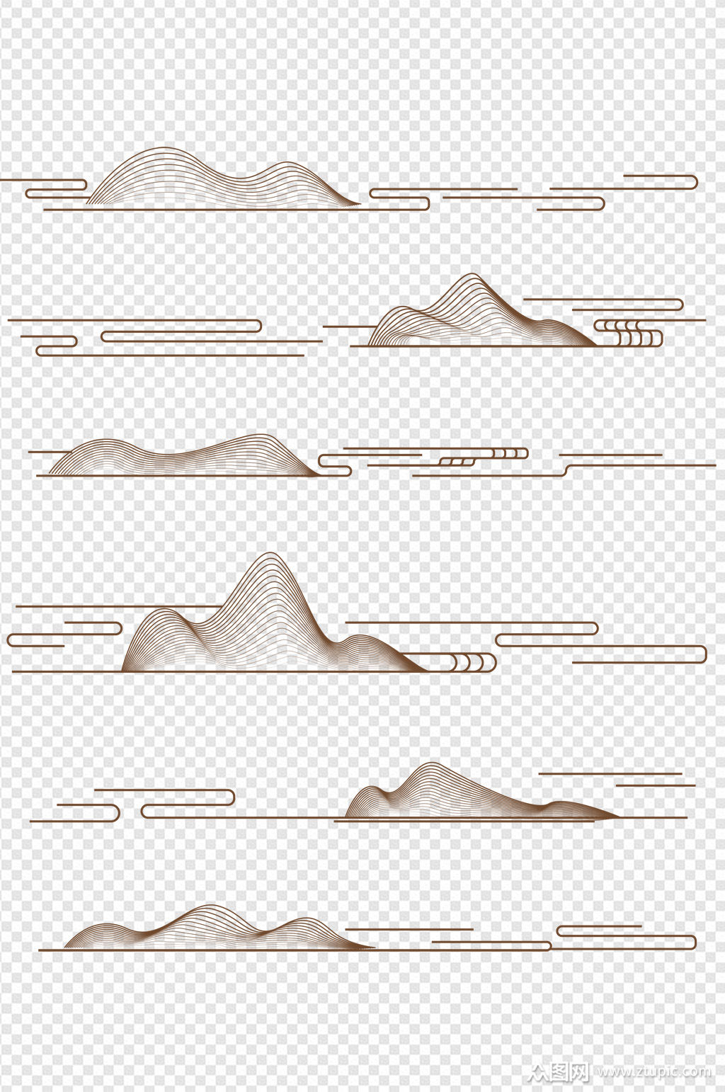 中国风新中式线性山水纹云纹底纹免扣元素