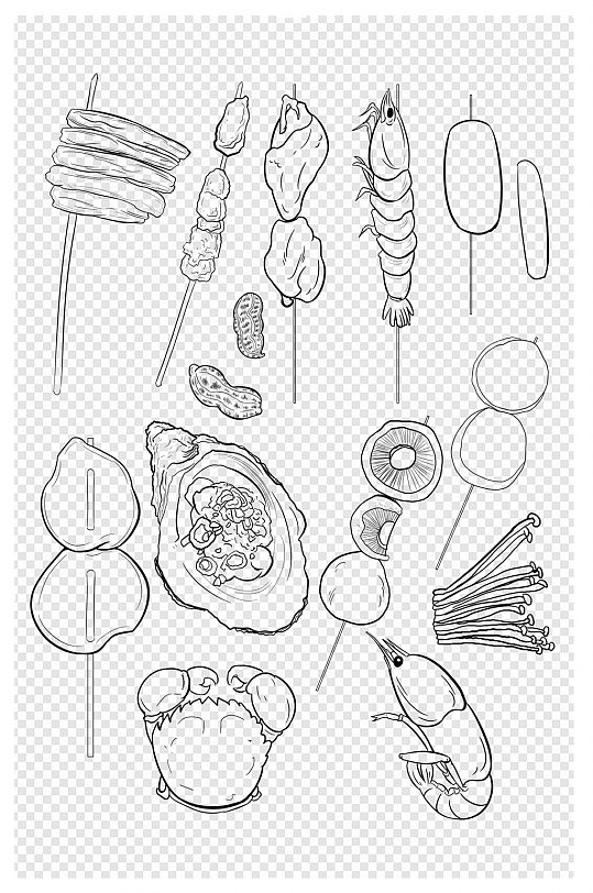 烧烤烤串生蚝小龙虾螃蟹蔬菜鸡翅免扣元素