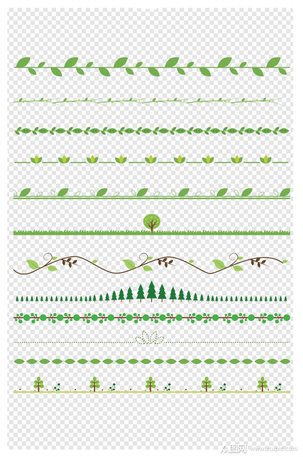 绿色唯美植物树叶花纹花边分割线免扣素材