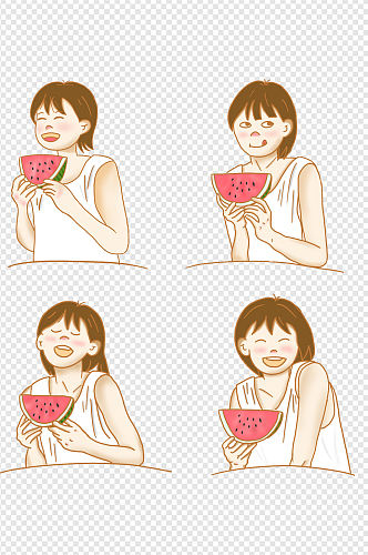 夏季吃西瓜的女生手绘免扣素材