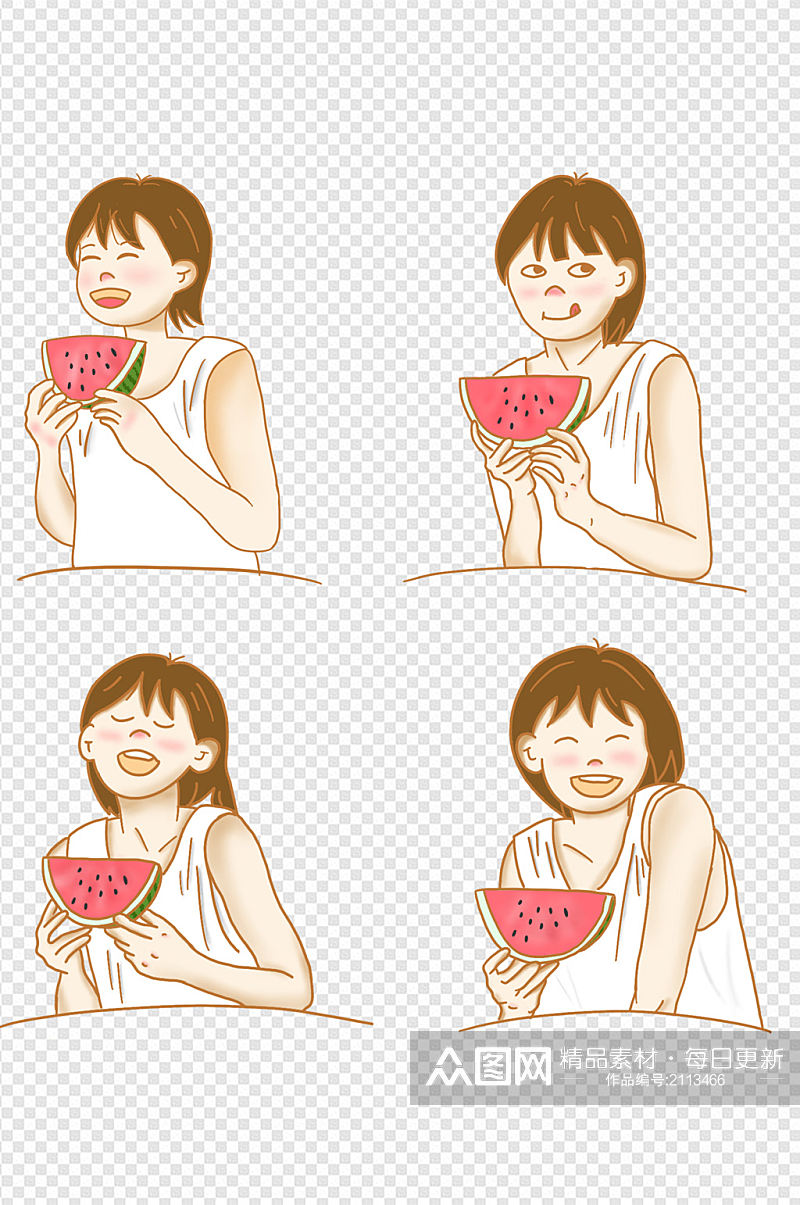夏季吃西瓜的女生手绘免扣素材素材