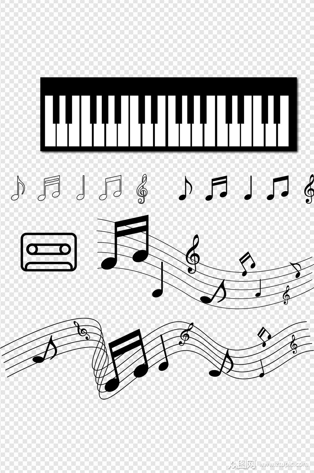 音乐钢琴磁带琴键五线谱乐器乐谱图免扣元素