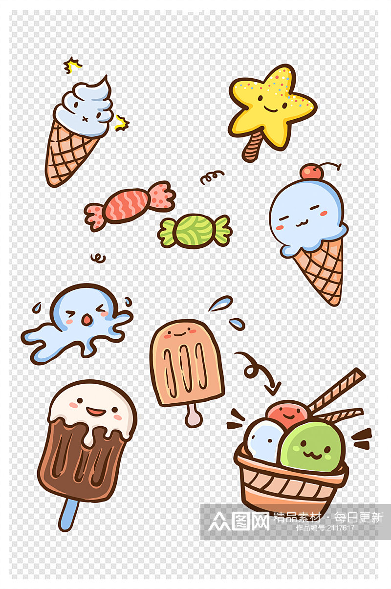 冰淇淋卡通拟人夏天萌雪糕巧克力免扣元素素材