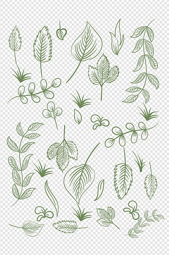 手绘小清新绿色叶子线稿图案免扣元素花纹
