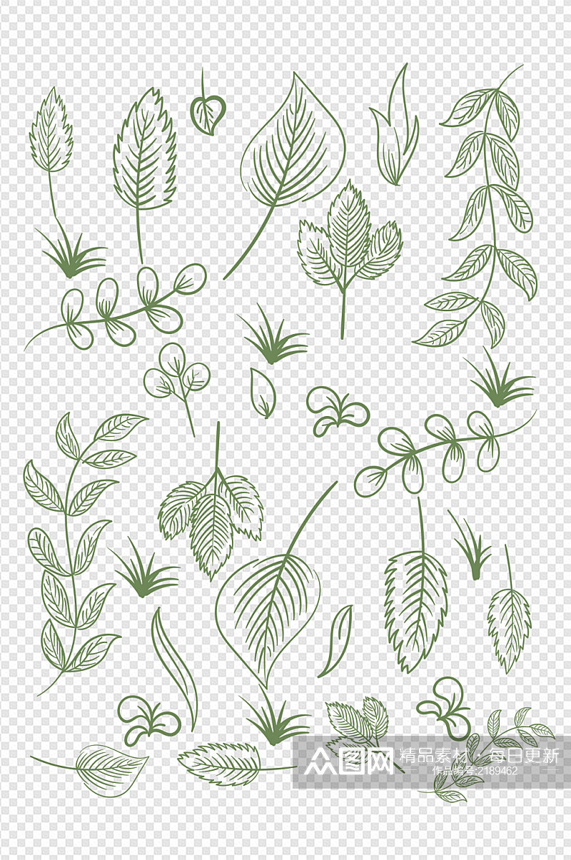 手绘小清新绿色叶子线稿图案免扣元素花纹素材