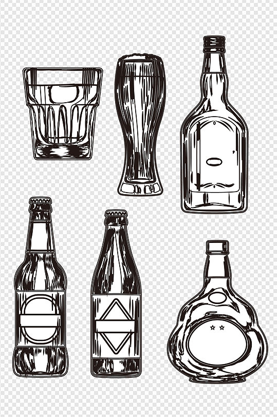 手绘素描灌装瓶装杯装啤酒饮料饮品免扣元素