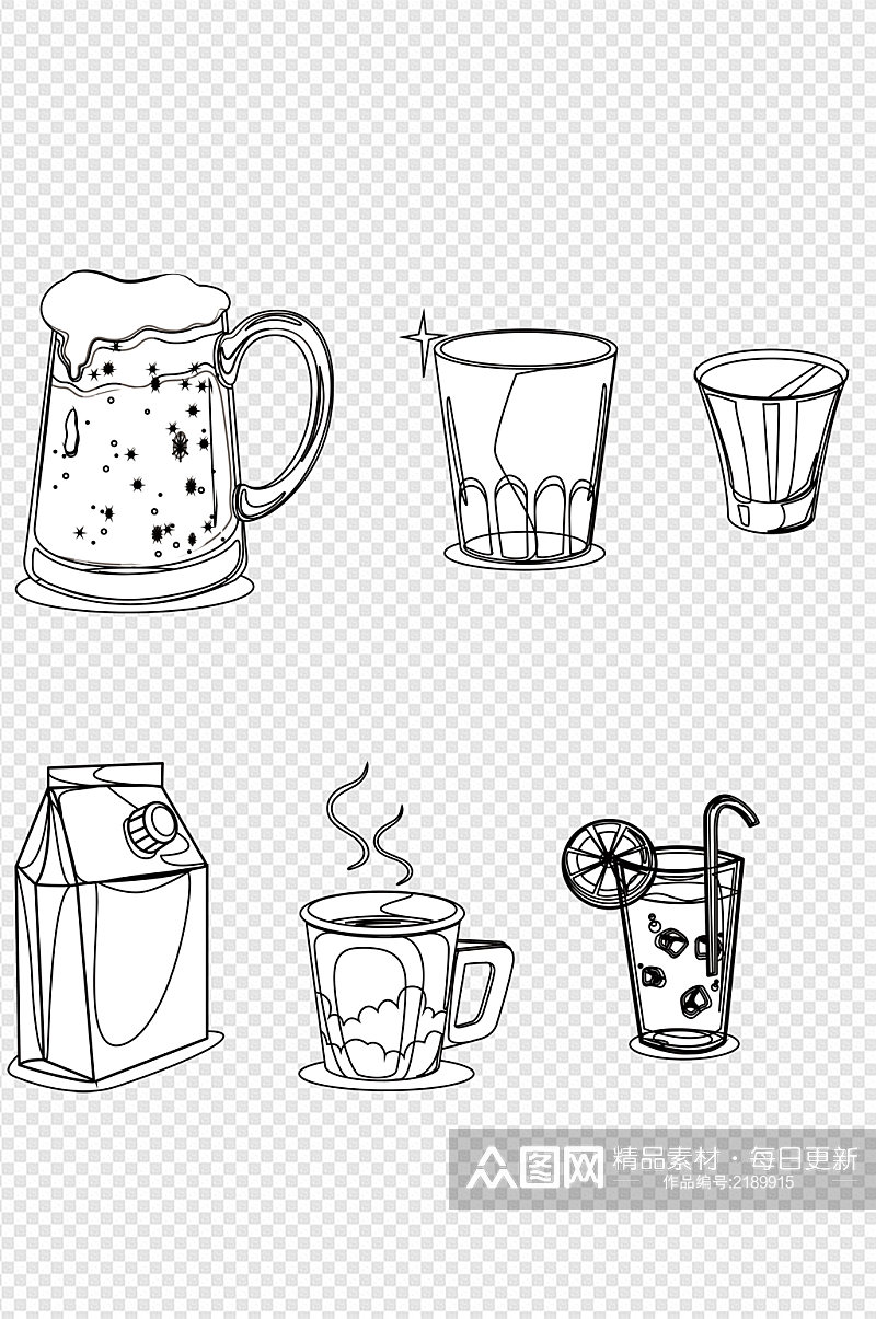 卡通手绘素描灌装瓶装杯装饮料饮品免扣元素素材