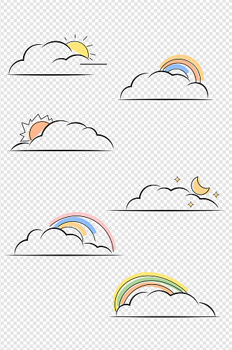 手绘卡通天气图案彩虹云朵太阳月亮免扣元素