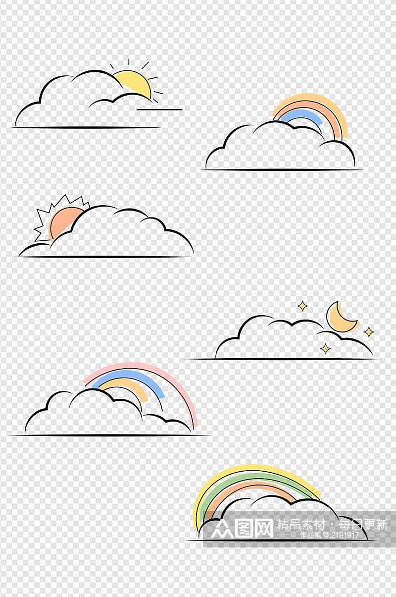 手绘卡通天气图案彩虹云朵太阳月亮免扣元素素材