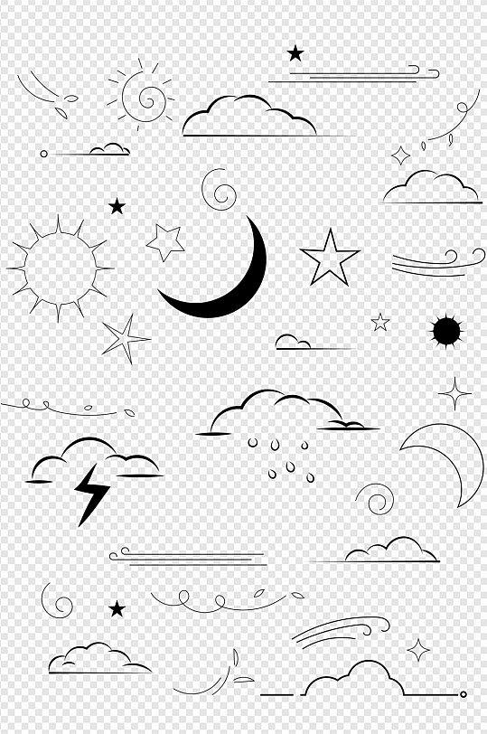 手绘卡通天气图标图案云朵星星太阳免扣元素