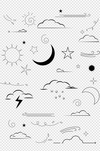 手绘卡通天气图标图案云朵星星太阳免扣元素