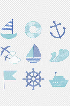 手绘清新蓝白海洋航海装饰图标免扣元素