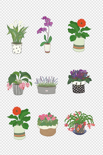 花栏盆栽鲜花植物卡通清晰背景免扣素材