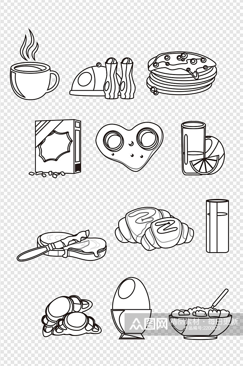 手绘线描画卡通食品西餐餐饮免扣元素素材