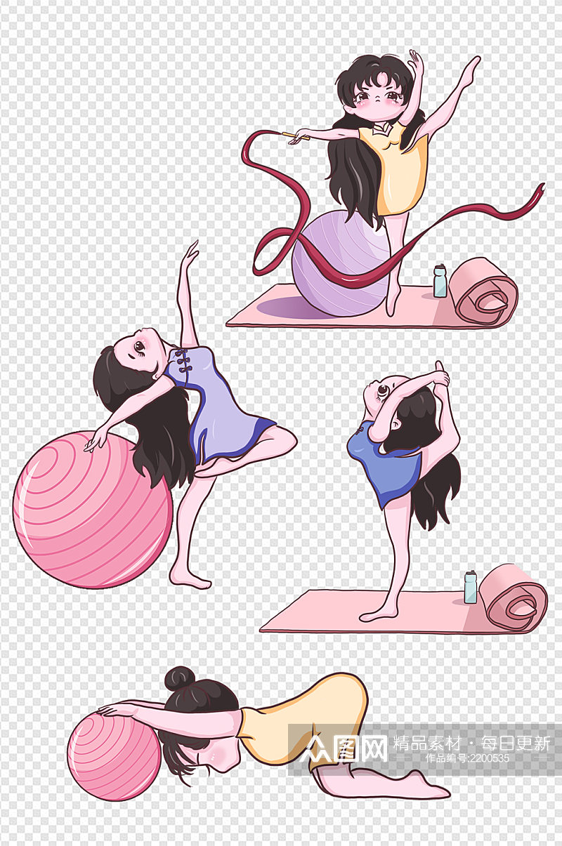 瑜伽瘦身中国风卡通女孩手绘免扣元素素材