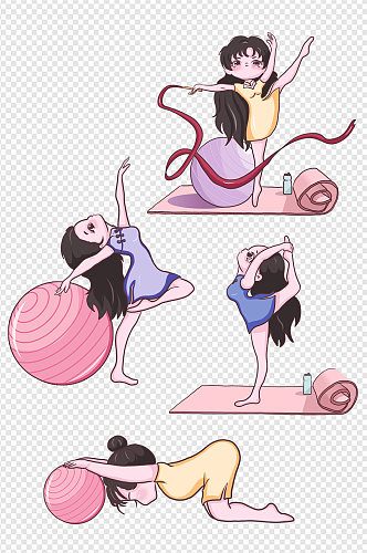 瑜伽瘦身中国风卡通女孩手绘免扣元素