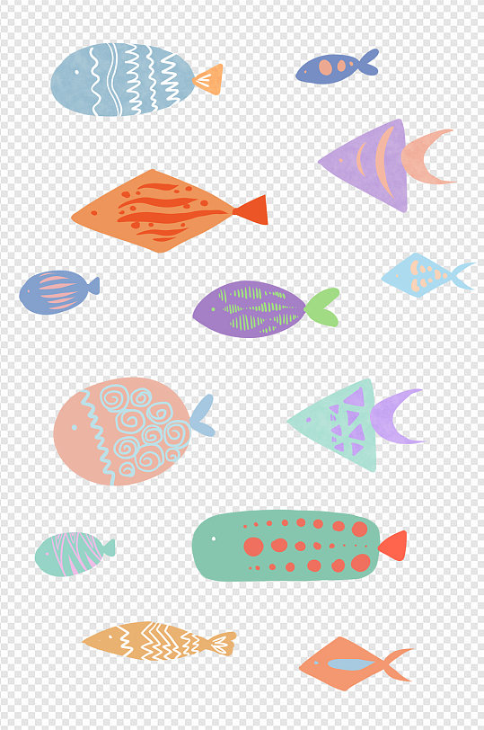 撞色简约几何小鱼装饰图案免扣元素