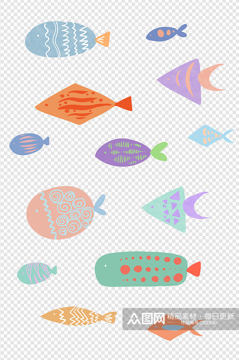 撞色简约几何小鱼装饰图案免扣元素素材