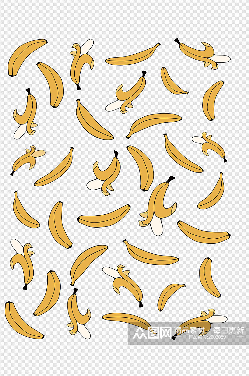 香蕉平铺手绘黄色卡通元素拼贴免扣元素素材