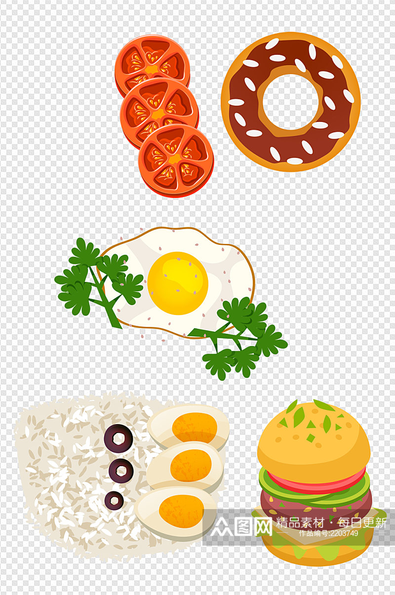 卡通手绘煎蛋汉堡插画餐饮西餐食品免扣元素素材