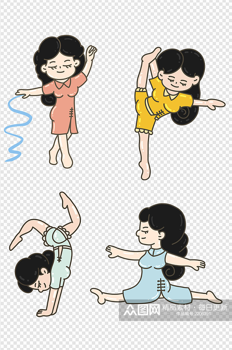 瑜伽瘦身中国风卡通女孩免扣元素素材