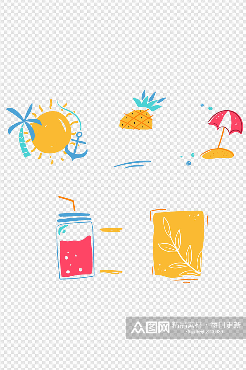 夏日风格插画可爱风格饮品菠萝免扣元素素材