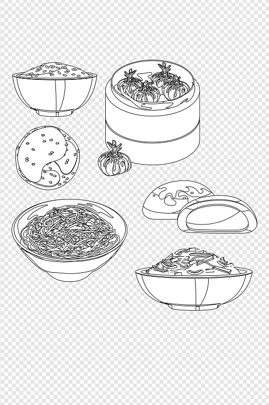 手绘素描中式早餐食品装饰图案免扣元素