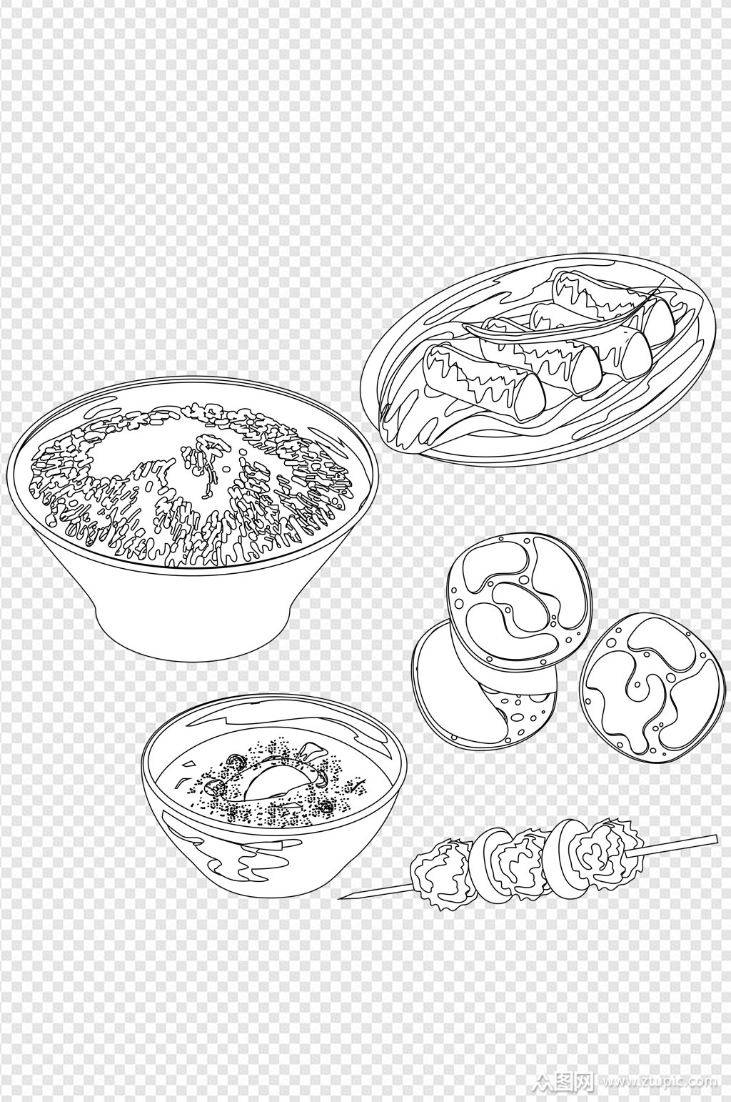 手绘素描中式早餐食品装饰图案免扣元素