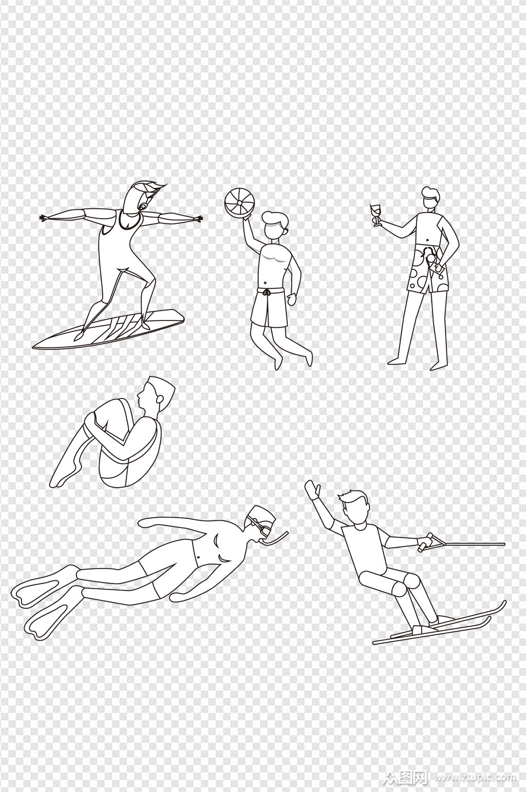 卡通手绘素描夏日游泳运动健身装饰免扣元素素材