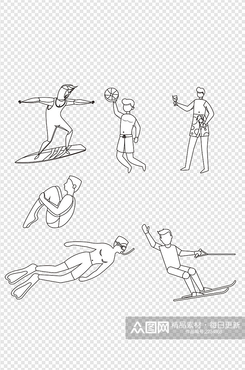 卡通手绘素描夏日游泳运动健身装饰免扣元素素材