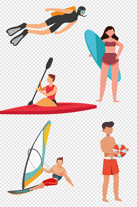 卡通彩色手绘夏日游泳运动健身装饰免扣元素