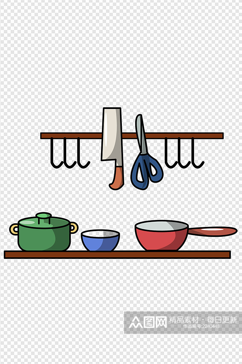 厨房锅碗刀剪刀手绘卡通插画免扣元素素材