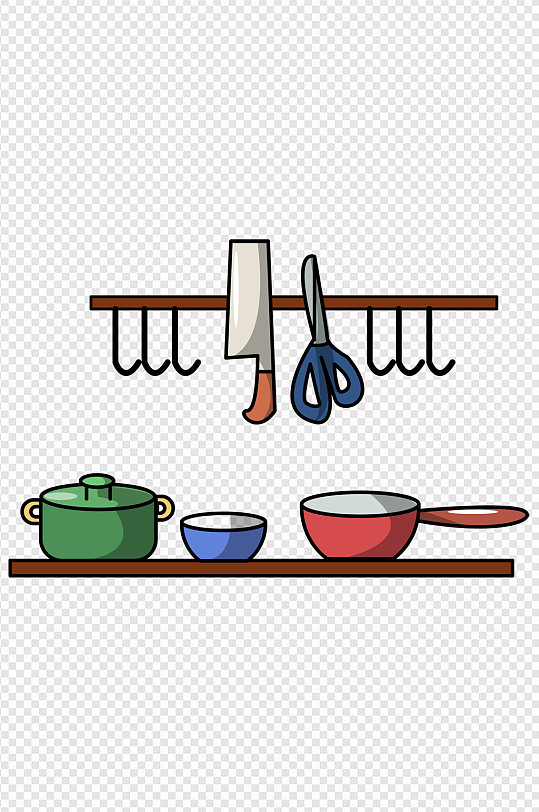 厨房锅碗刀剪刀手绘卡通插画免扣元素