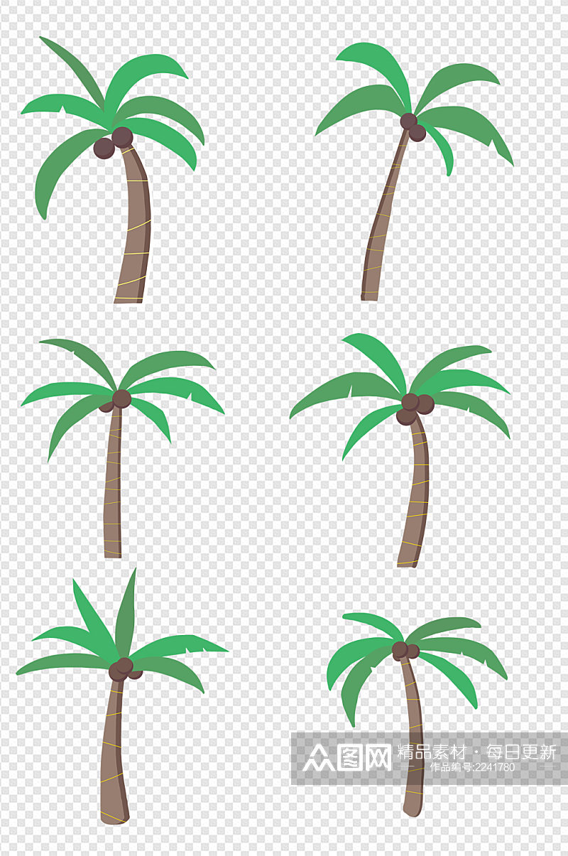 海南岛热带植物椰子树扁平夏日沙滩免扣元素素材