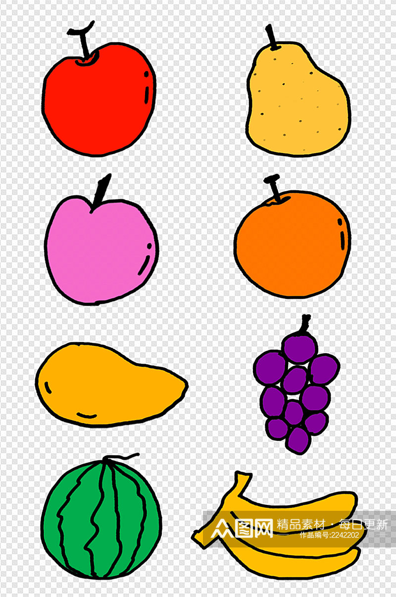 水果手绘苹果橙子西瓜桃子芒果香蕉免扣元素素材