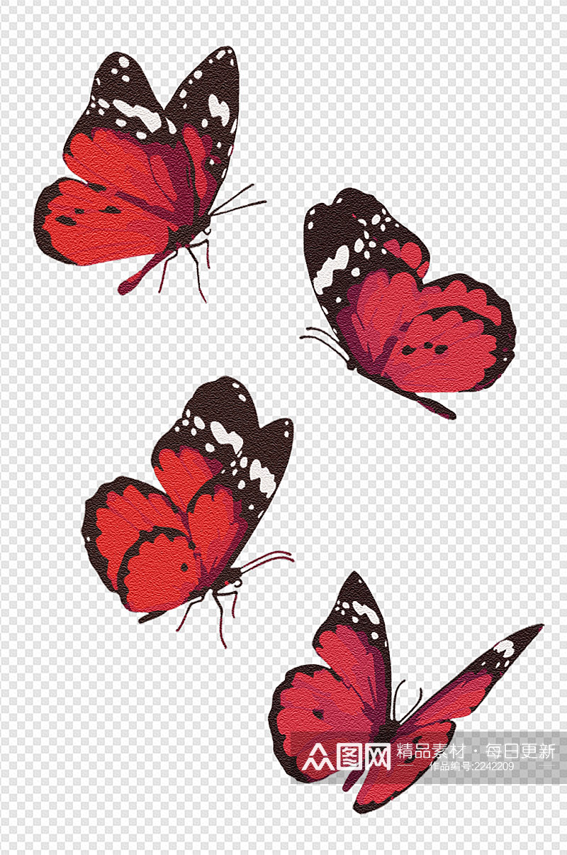 卡通质感昆虫红蝴蝶插画写实飞行免扣元素素材