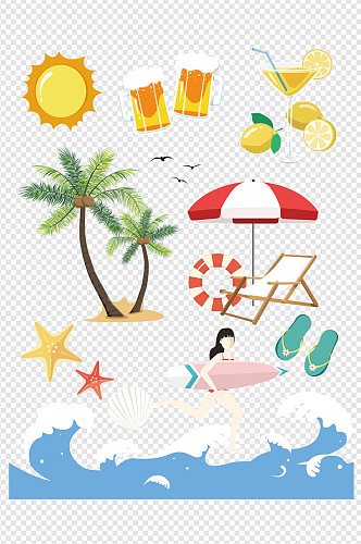夏季沙滩海浪椰子树饮料啤酒卡通免扣元素