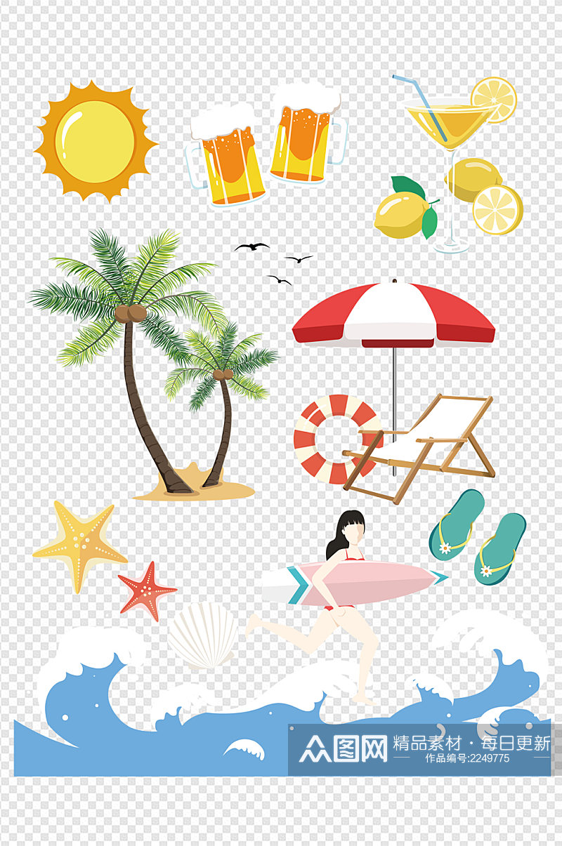 夏季沙滩海浪椰子树饮料啤酒卡通免扣元素素材