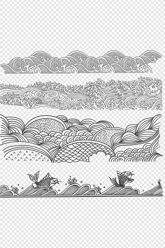 多种国潮海浪波浪免扣元素